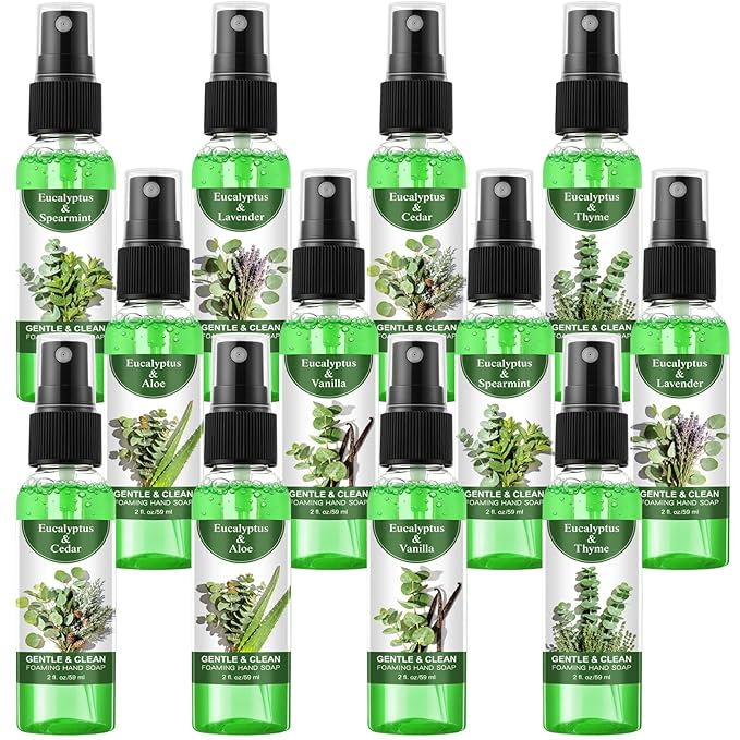 12 Pcs Greenery Eucalyptus Scented Hand Sanitizer Spray with Essential Oil Hydrating Small Hand Sanitizer Spray Travel Size 2 Fl. oz Compact Bottle for Pocket Purse Bag Handbag Desk Drawer Car