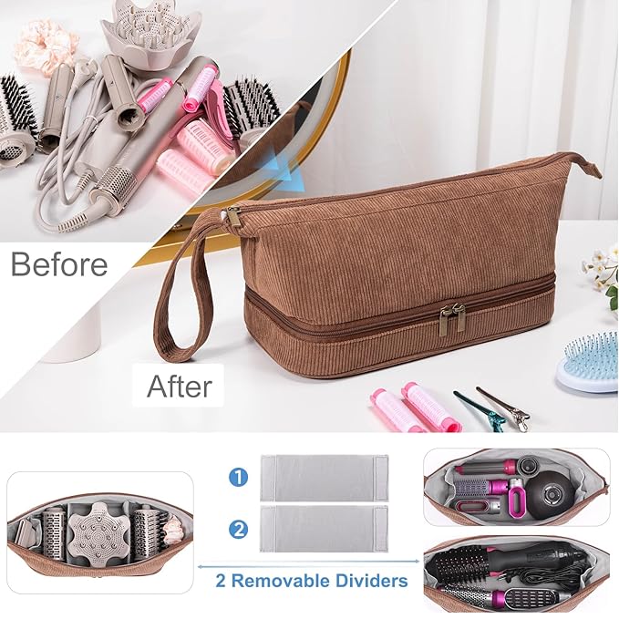 Hair Tools Travel Case - Double-Layer Organizer for Hair Dryer Curling Iron &amp Attachments - Brown Corduroy with Zipper Closure &amp Top Handle