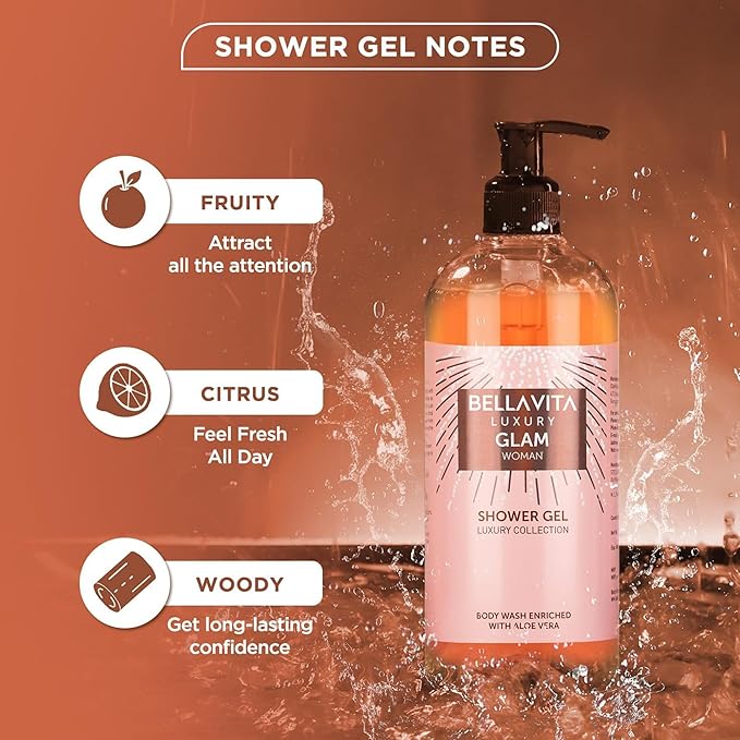 BellaVita Luxury Glam Perfume &amp Body Wash Combo for Women | Eau De Parfum with Jasmine White Honey Rose &amp Cedar (100ml) + Fruity Floral Shower Gel with Aloe Vera (500ml) | Gentle &amp Refre