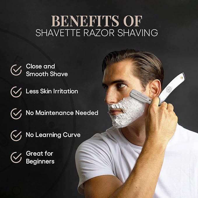 Best Shavette Straight Razor - Replaceable Blade Straight Razor Metal Handle Shavette No Stropping or Honing Great For Beginners Starter Blade Hygienic Close Shave Leather Case (Silver)