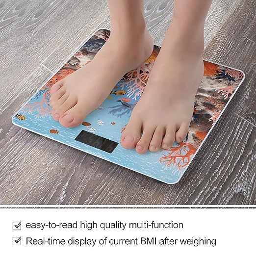 Coral Reef Scale for Body Weight Anti-Slip Tempered Glass Digital Bathroom Scales Clear LCD Display Weighing Scale Safe Rounded Corners Smart Scales