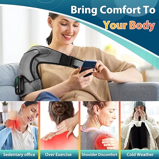 Cordless Portable Shoulder Heating Pad &amp Massager Heating Vibration Shoulder Wrap Shoulder Brace for Pain Relief Rotator Cuff Support for Men &amp Women Black&ampGrey