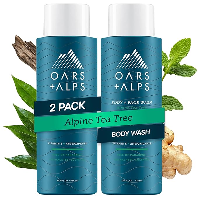Oars + Alps Body Wash for Men Mens Body Wash &amp Face Cleanser with Vitamin E &amp Antioxidants Moisturizing Paraben &amp Sulfate Free Cleanser Alpine Tea Tree 2pk