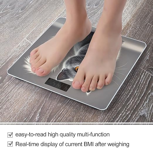 Cute Funny Grey Cats Pattern Scale for Body Weight Digital Bathroom Scale Toughened Glass High Precision Scales for Body Weight with Large LCD Backlight Display Weight Scales
