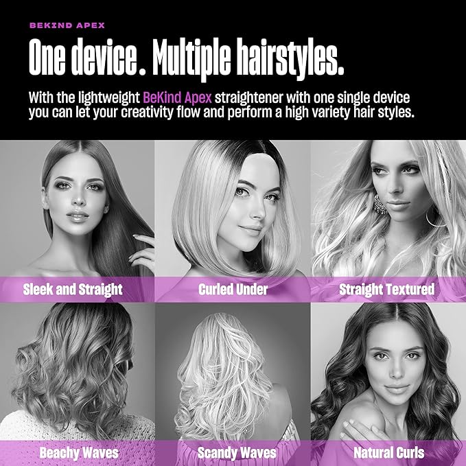 Bekind Apex 2-in-1 Hair Straightener Flat Iron | 1“ 460°F Straightener &amp Curler for All Hairstyles | UltraSmooth Tech | 15s Fast Heating &amp Temp Memory | Gift Set for Girls Women (Violet Bloom)