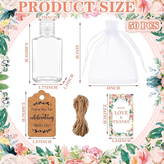 50 Sets Mini Hand Sanitizer Bottles Bulk 2oz Empty Christmas Hand Sanitizer Travel Size Wedding Favors for Guests with Organza Bags Thank You Tags for Woman Employees(WeddingWhite)