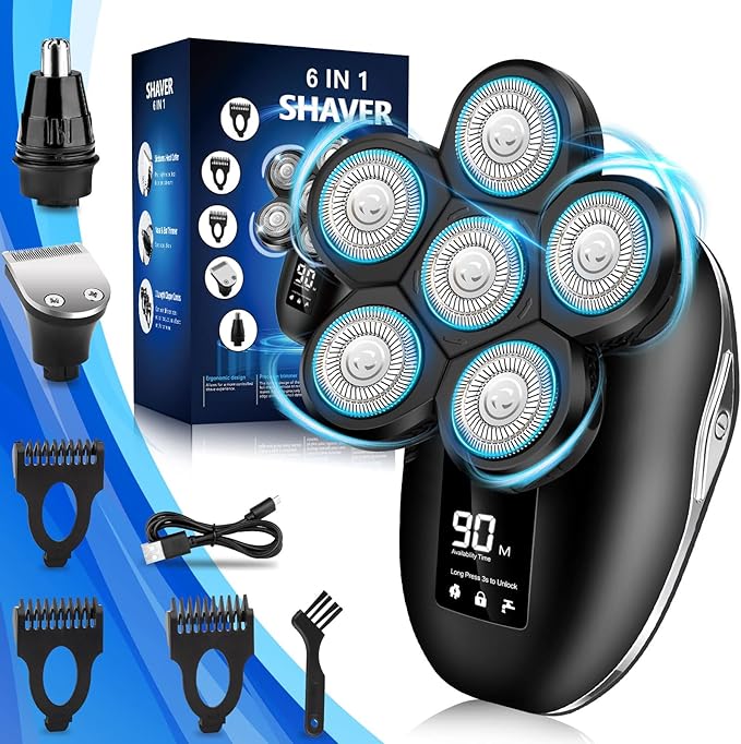 Electric Shaver for Men 6 in 1 Electric Razor for Men IPX7 Wet/Dry Waterproof Men's Shavers Rotary Head with Shavers Kit LED Display Gifts for Husband DadBoyfriend (Silver)