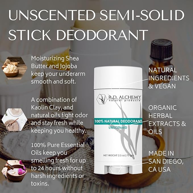 RD ALCHEMY - UNSCENTED - Best 100% Natural &amp Organic Semi-Solid Stick Deodorant. Free of Aluminum Baking Soda Parabens Synthetic Fragrance Propylene Glycol! - Get Fresh Today!