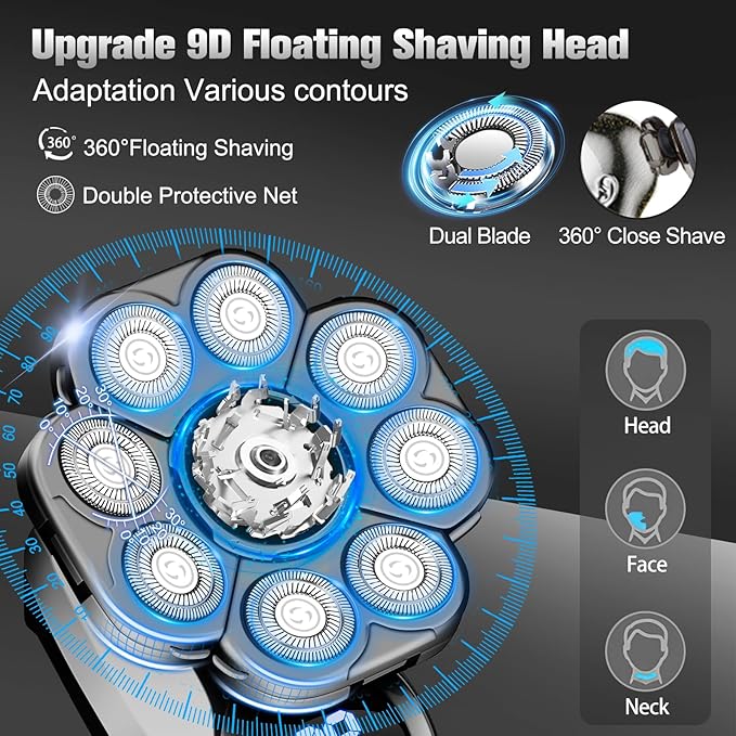9D Electric Head Shavers for Bald Men Upgraded 5-in-1 Waterproof Wet/Dry Grooming Kit Electric Shaver for Men Cordless Rechargeable Bald Head Razor for Home&ampTravel