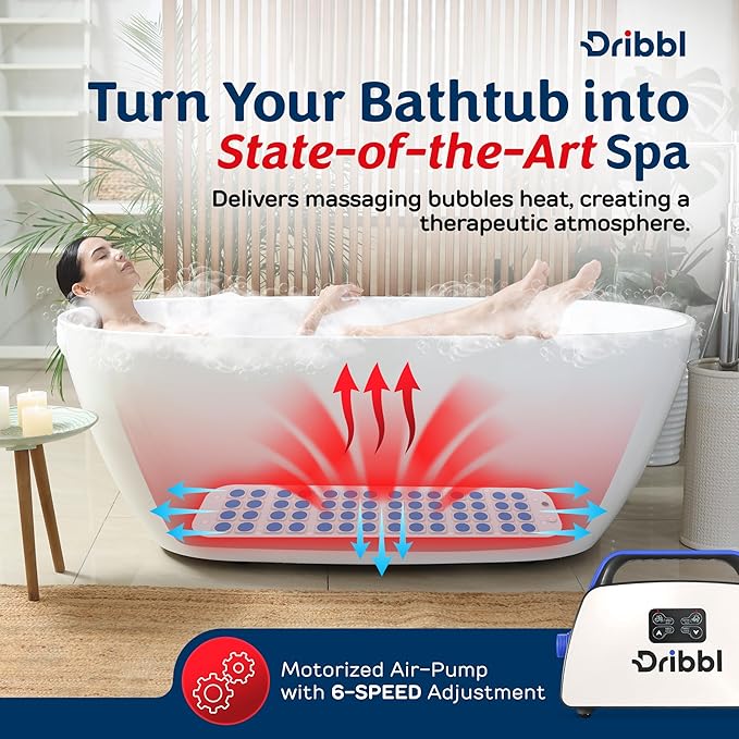 Dribbl Electric Bubble Massage Bathtub Mat – Non-Slip Full-Body Waterproof Hot Tub Spa Mat for Bath with Heater Motorized Air Pump and Remote Control 6-Speed Adjustable Massage Blue