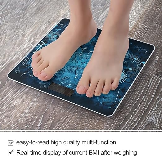 Blue Musical Notes Scale for Body Weight Safe Rounded Corners Tempered Glass Digital Bathroom Scale LED Display 400lb Capacity Weight Scales with High Precision Sensors
