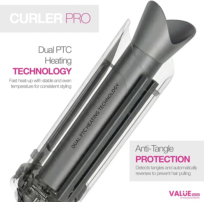 Easy Curl Automatic Curling Iron - Curler Pro Long Barrel Beach Wave Curler | Curly Hair Products: Hair Curler Automatic Rotating Curling Wand 1 1/4 Inch | Value Series By Atelier Lisa Qualite