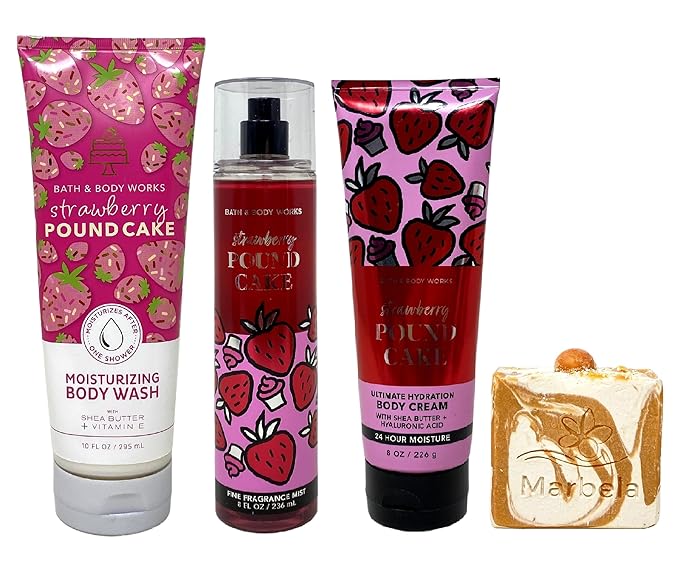 Bath &amp Body Works Strawberry Pound Cake - Moisturizing Body Wash Fine Fragrance Mist and Ultimate Hydration Body Cream - with a Peach Gardenia Bar Soap