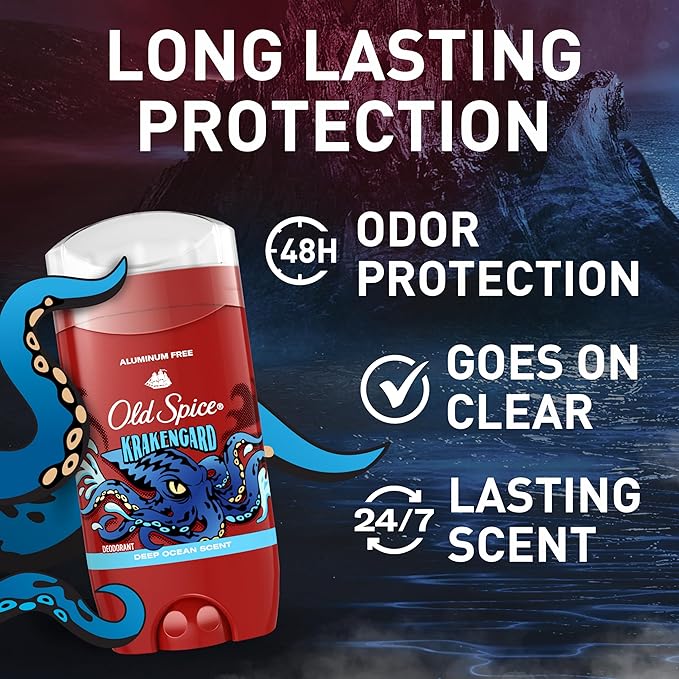 Old Spice Aluminum Free Deodorant for Men 24/7 Odor Protection 24/7 Freshness &amp Lasting Scent Goes on Clear Krakengard with Deep Ocean Scent 3.0 oz (Pack of 3)