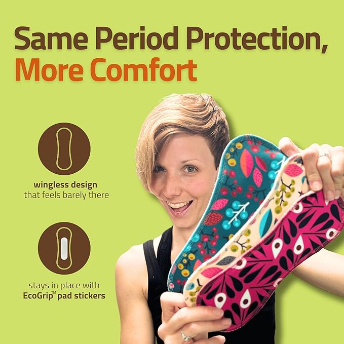 Wingless Reusable Period Pads with Adhesive Sticker for Light Flow (S+M 6-Pack) – High-Temp Washable Organic Cotton Cloth Pads for Women – Stay-Put Comfortable &amp Reusable Menstrual Care – Made in
