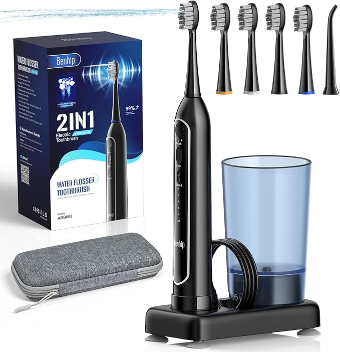 Electric Toothbrush with Water Flosser – 3 Sonic Toothbrush Modes &amp 5 Water Flossing Pressure – Fast Charging &amp IPX7 Waterproof – Portable Travel Case Included Black