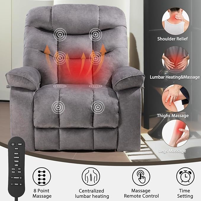 EONIX Oversized Wide Big Man Power Lift Recliner Chair for Elderly with Heat and Massage 400lbs Dual Motor Lay Flat Electirc Lift Chair with Extended Footrest SLRY008063 Grey