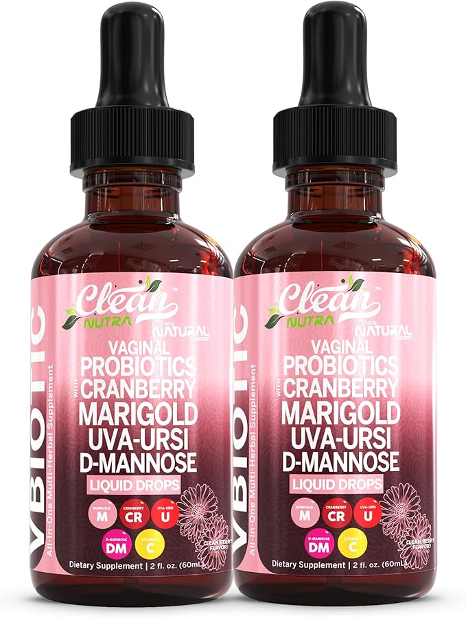 VBiotic Vaginal Probiotic for Women Liquid Drops | Womens Probiotics | Cranberry Uva Ursi Horsetail D-Mannose Prebiotics Marigold &amp Black Cohosh Vaginal Health Supplement | pH Balance | By Clean N