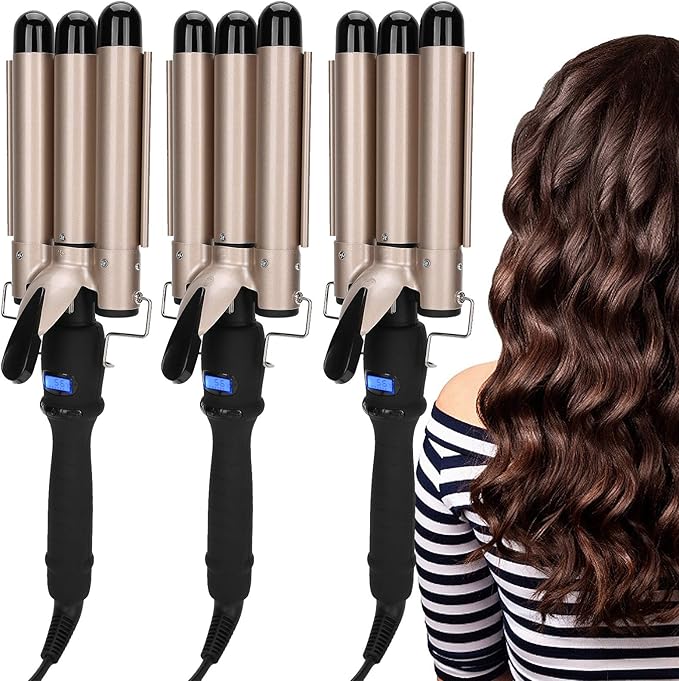 Three Barrel Curling Iron 30 Seconds Hair Waver Waving Styling Hair Curling Iron Gold 3 Barrel Hair Waver Compatiable for Thick and Hard Hair (US32mm)
