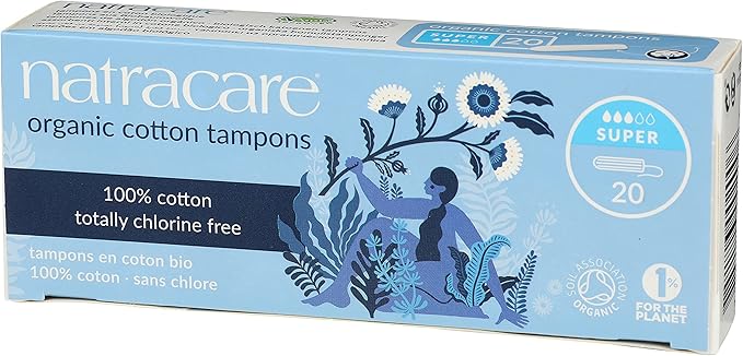 Natracare Non-Applicator 100% Organic Cotton Tampons Super Totally Chlorine Free Biodegradable and Compostable (12 Pack 240 Tampons Total)