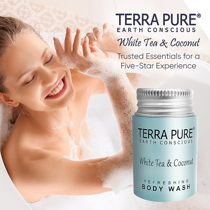 Travel Size Hotel Body Wash 100 Count 1 oz Bottles Guest Amenities for Hotels Vacation Rentals &amp Short Term Rentals Paraben Free White Tea &amp Coconut Scent Infused with Aloe and Olive Oil by Te