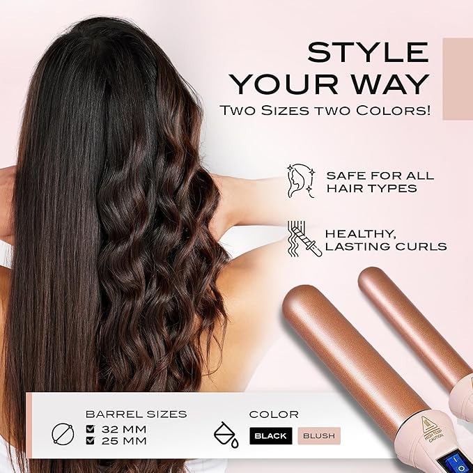 NuMe Classic Ceramic Curling Wand - Tourmaline 1.25 Inch Barrel Hair Curler Negative Ion Conditioning Far Infrared Heat - All Hair Types - Blush