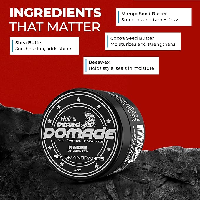 Bossman Hair &amp Beard Pomade for Men (Naked - Unscented) – Medium Hold &amp Moisturizing for Hair Beard &amp Mustache Styling – Made in USA