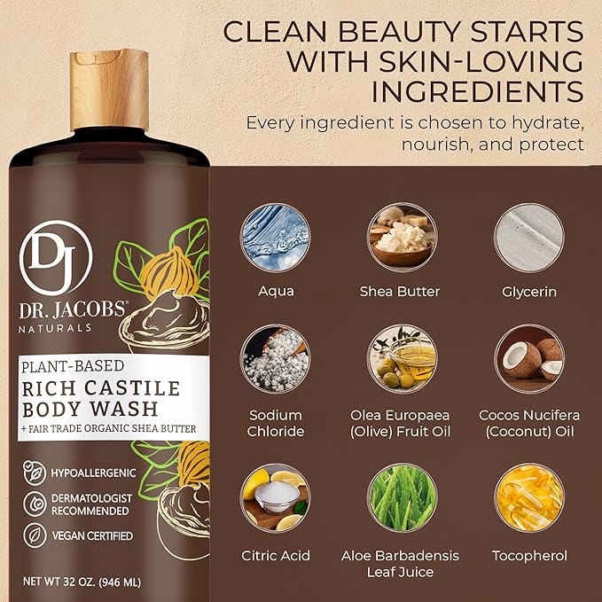 Dr. Jacobs Naturals Pure Castile Soap Liquid Body Wash Shea Butter - Plant Based Soap Infused with Vitamin E and Aloe Vera to Moisturize Dry and Sensitive Skin - Made in the USA - 32 oz Pack of 2