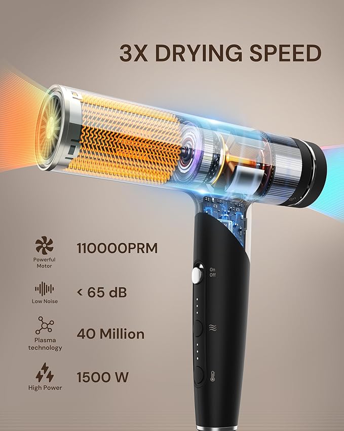 ANNLARY Plasma Ion Hair Dryer with Diffuser for Curly Hair 110000 RPM Professional High Speed Blow Dryer with Plasma Ion 1500W Foldable Travel Hairdryer with 6.5 Ft Cord Fast Drying for Women Men