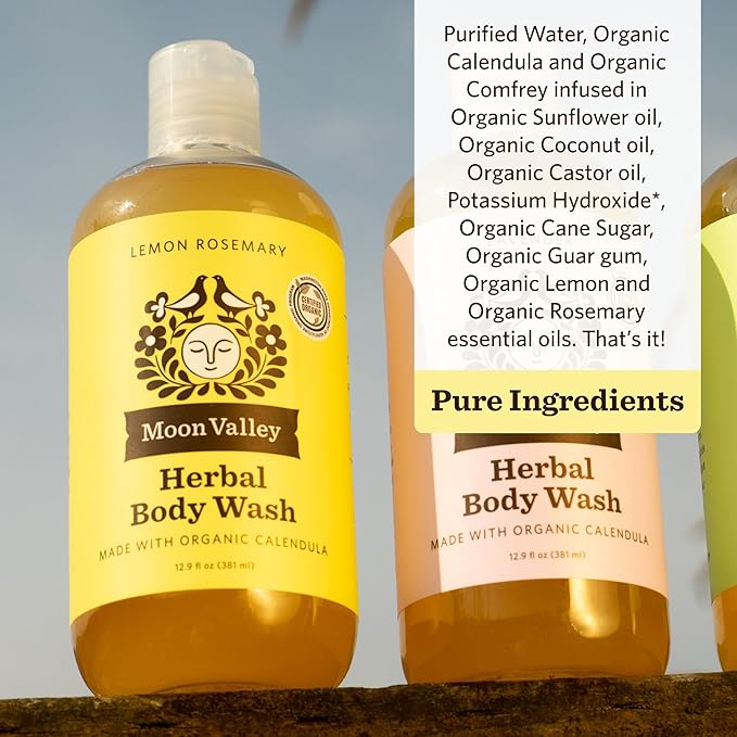 Herbal Body Wash Lemon Rosemary by Moon Valley All Natural Ingredients No Parabens Vegan Moisturizing Essential Oils Two Pack