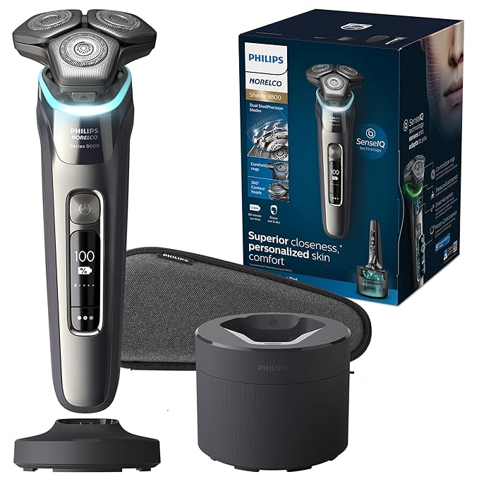 Philips Norelco Shaver Series 9000 Wet and Dry Electric Shaver with Lift &amp Cut Shaving System and SenseIQ Technology Pop-up Trimmer Cleaning Pod Charging Stand and Travel Case Model S9987/85