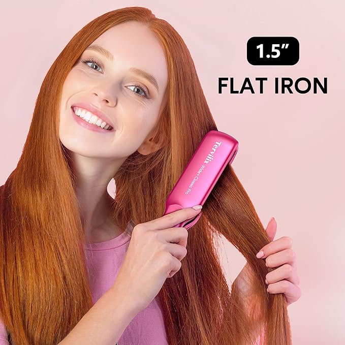Terviiix Ceramic Hair Straightener 1-1/2 Inch Wide Flat Iron for Hair Professional Straightening Irons with Adjustable Temp 30s Instant Heating Get Silky Smooth Hair Dual Voltage Auto Off Pink