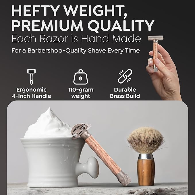 Parker THE VARIANT CLOSED COMB - ADJUSTABLE Double Edge Safety Razor Customize your Shave with a Turn of the Dial from Mild to Aggressive - 5 Blades Included (ROSE GOLD)