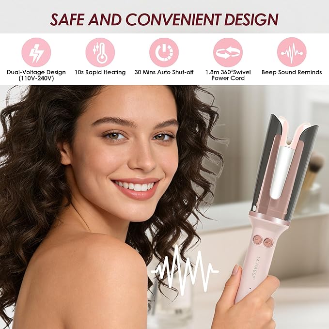 2PCS Automatic Curling Iron 1 Inch with 3 Temps Rotating Curling Iron 2-Way Rotation Hair Curler Ionic Ceramic Coating Anti-Scald &amp Tangle Auto Shut-Off for Hair Styling (Pink) (Pink*2PCS)