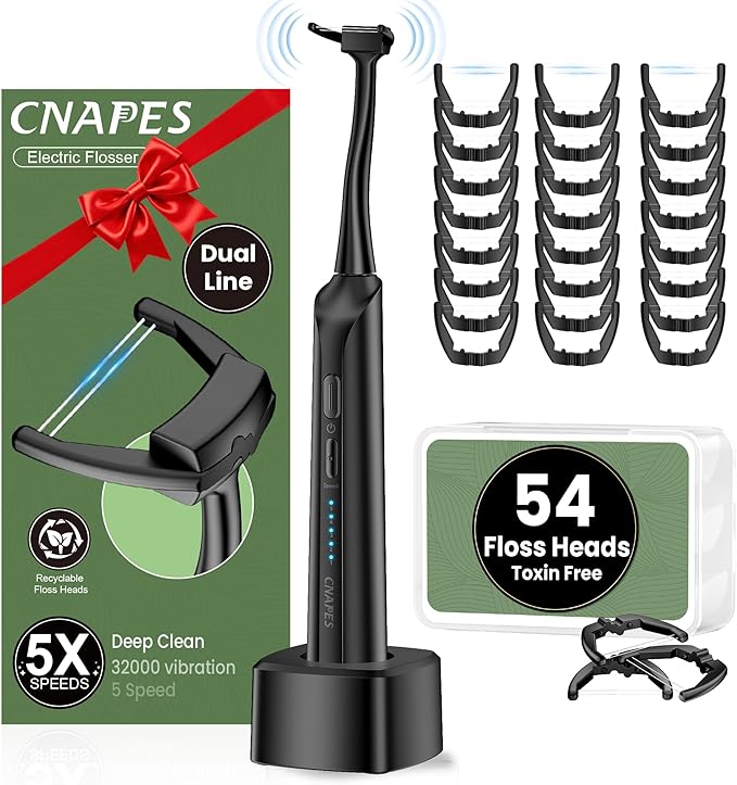 Electric Flosser for Teeth - 54 Refill Reusable Heads + 5 Speeds 5X Cleaning &amp 60-Day Battery Life Easy Glide Flossing for Gentle Gum Care More Effective Than String or Water Flosser