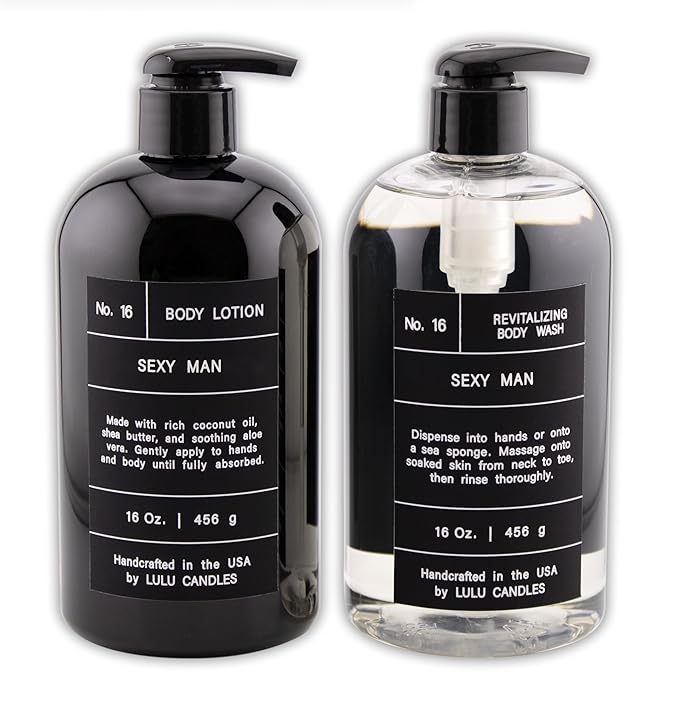 Lulu Candles Sexy Man - Smells like Mens Cologne Revitalizing Body Wash &amp Nourishing Body Lotion 2-Piece Set Full Size - 16 Fl Oz.