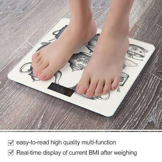 Hand Drawn Teapots and Cups Weight Scale Large Bathroom Scales Digital Weight with Bright LED Display Non Slip Automatic Weighing Scale Fashion Weighing Machine for Body
