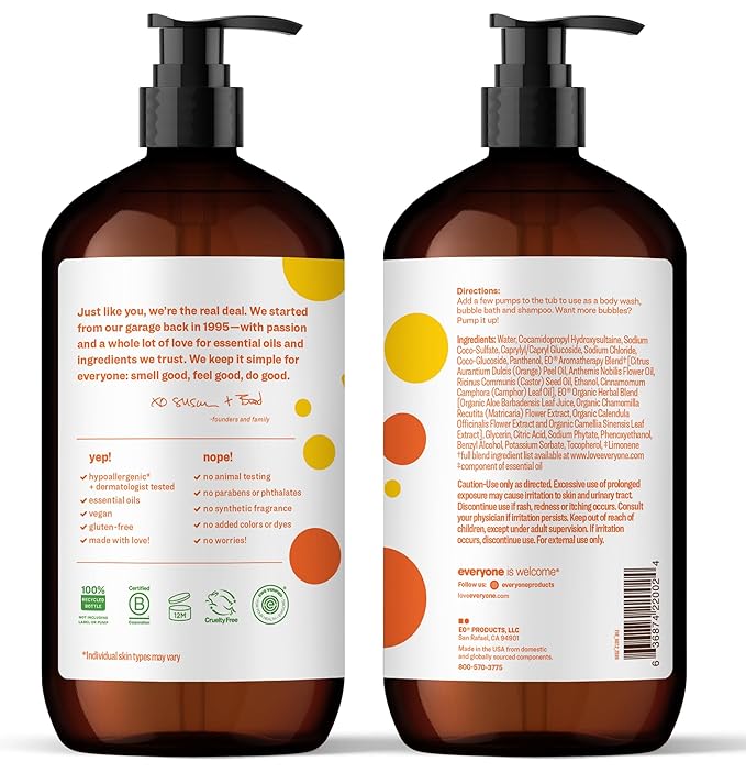 Everyone 3-in-1 Kids Soap Body Wash Bubble Bath Shampoo 32 Ounce (Pack of 2) Orange Squeeze Coconut Cleanser with Organic Plant Extracts and Pure Essential Oils (Packaging May Vary)