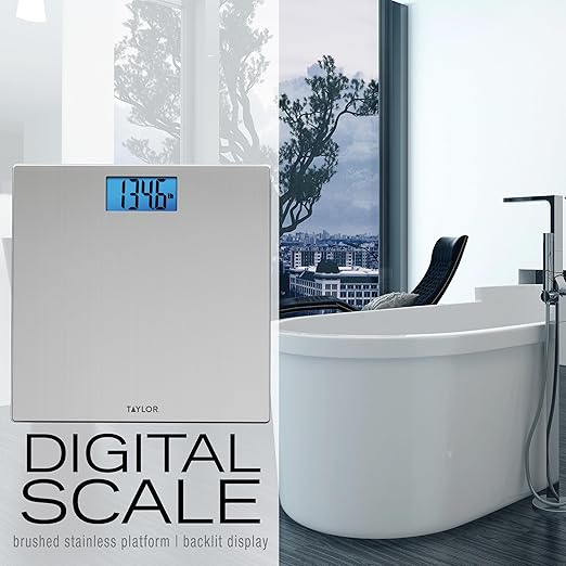 Taylor Digital Scales for Body Weight High 400 LB Capacity Brushed Stainless Steel Thin Glass Platform Unique Blue LCD Durable Platform 11.8 x 11.8 Inches Stainless Steel