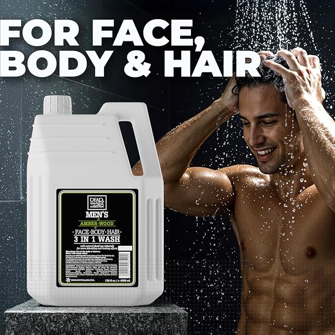 Dead Sea Collection Mens Body Wash 3 in 1 – Amberwood Oil Body Wash with Dead Sea Minerals for Men – Bulk Shower Gel – Shampoo – Refill Shower Soap for Face and Hair (128 fl. oz)