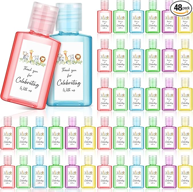 Gejoy 48 Pcs Jungle Animal Mini Hand Sanitizer Bulk Baby Shower Favors for Guest Hand Sanitizer Party Favors 1fl oz Travel Size Thank You Hand Soap Gift for Personalized Baby Shower Party Supplies