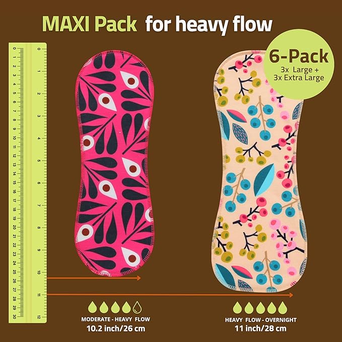 Wingless Reusable Period Pads with Adhesive Sticker for Heavy Flow &amp Incontinence (L+XL 6-Pack) – High-Temp Washable Cloth Pads for Women – Stay-Put Comfortable &amp Reusable Menstrual Care – Ma