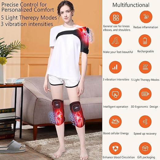 Red Light Therapy Knee Brace Wireless Rechargeable 665nm &amp 855nm Heating &amp Vibration for Knee/Joint/Elbow/Shoulder (One Size Adjustable PCS 1)