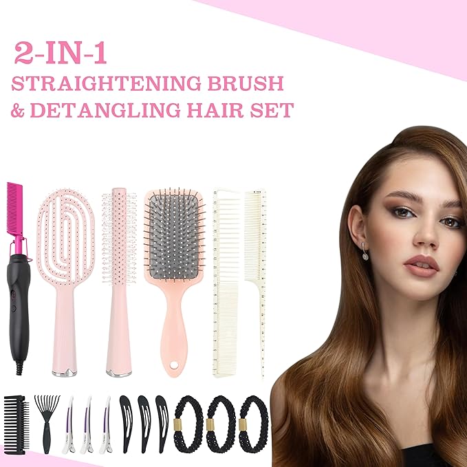 Hair Straightener Hot Comb with 15-Piece Hair Styling Set Pink Brushes and Accessories