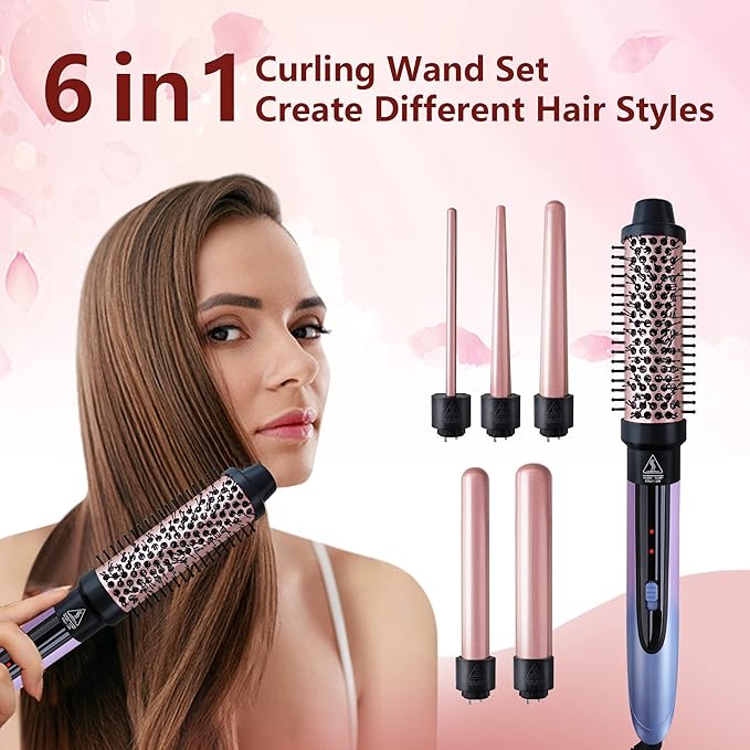 Curling Iron 6 in 1 Hair Curling Wand Set with Curling Brush Instant Heat Up Beach Waver Long Hair Curlers Iron 6 Interchangeable Ceramic Barrel 0.35-1.25 Inch Short Hair Crimper for Women