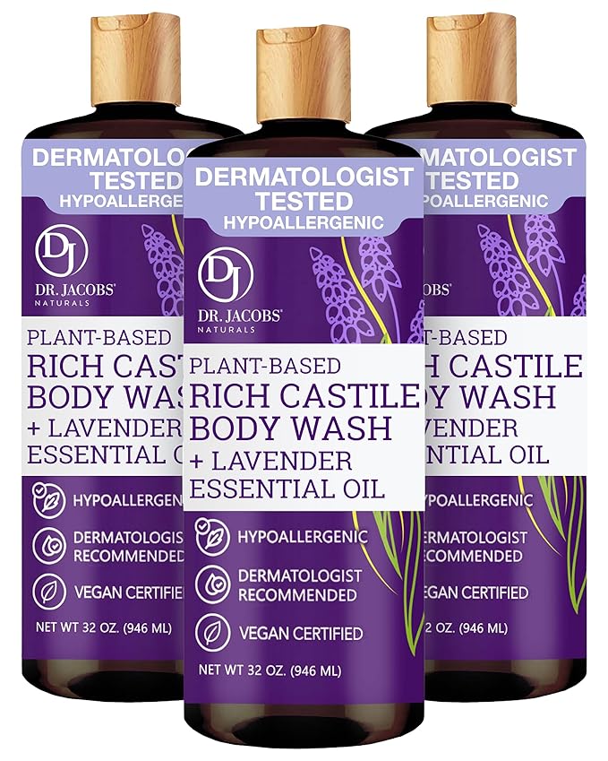 Dr. Jacobs Naturals Pure Castile Soap Liquid Body Wash Lavender - Plant Based Soap Infused with Vitamin E and Aloe Vera to Moisturize Dry and Sensitive Skin - Made in the USA - 32 oz Pack of 3