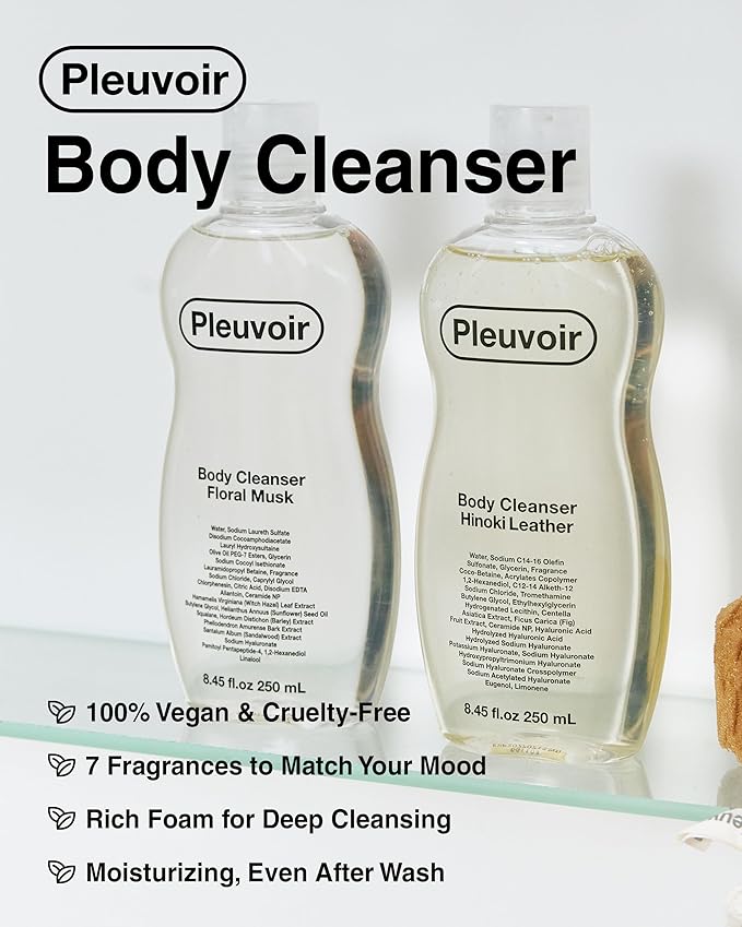 Pleuvoir Hinoki Leather Perfume Body Wash - French MANE × Japanese Cypress (Cedar &amp Musk) Unisex Woody Shower Gel Rich Moisturizing Foam with 8 Types Hyaluronic Acid Ceramides 8.45 fl.oz