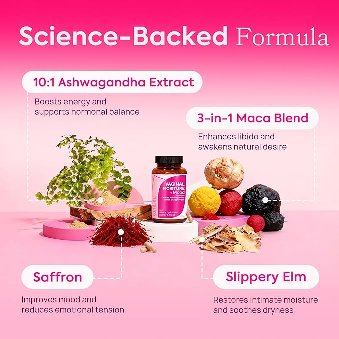 Vaginal Moisture &amp Libido Booster for Women - Stress Relief Hormone Balance Desire &amp Mood - Ashwagandha Sea Moss Maca Root Saffron Slippery Elm Ginseng Shatavari Damiana 60CT