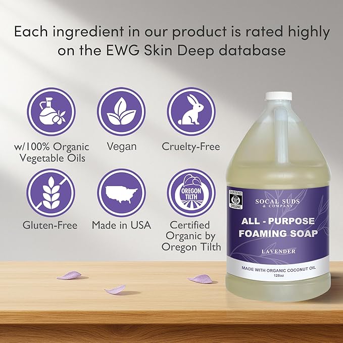 SoCal Suds &amp Company 128oz Certified Organic Foaming Hand &amp Body Wash - Gentle Natural BodyBaby &amp Face Wash for Sensitive Skin Moisturizing Soap Hand Soap and More - Lavender