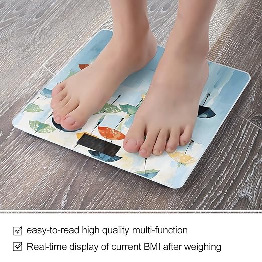 Oil Painting of Umbrellas on Light Blue Scale for Body Weight Precision Bathroom Weighing Scales with Back Lit LCD Display Sturdy Tempered Glass Body Weight Scales Digital Bathroom Scale 400lb